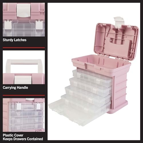 Portable Tool Box - Small Parts Organizer with Drawers and Customizable Compartments for Hardware, Fishing Tackle, Beads, or Crafts by Stalwart (Pink) - Image 5